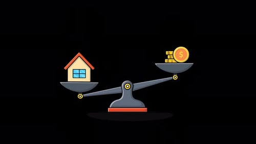Animated Financial Scale Balancing House and Coin Icons