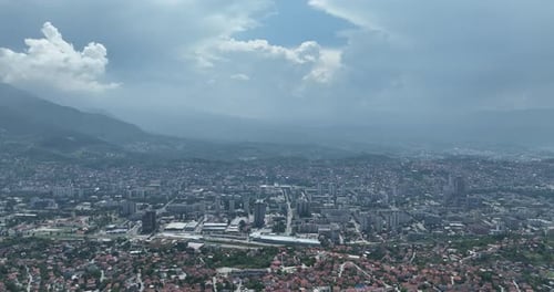 Sarajevo City Bosnia and Herzegovina Capital Cityscape Drone Aerial Footage at Foggy and Sunny Day