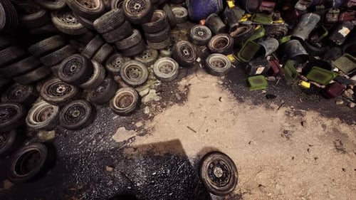 Aerial View of Abandoned Industrial Junkyard with Old Tires