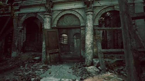 Abandoned Building with Broken Arches and Debris in a Forgotten Place
