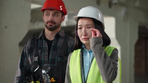 Builders Multiethnic Business Workers Japanese Inspector Upset Bad Project Fail Work Frustrated