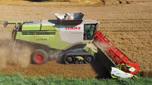 Drone Shot Flying Over Combine Harvesters Working on Wheat Field. Food Industry Concept.