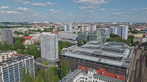 Aerial view of modern buildings on the bank of spree river Berlin, Germany .