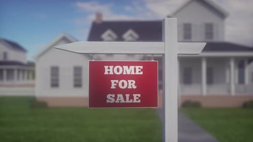 For sale real estate sign in front of New House. Beautiful modern house on background
