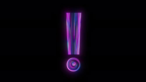 ! Exclamation mark appears in bright purple and cyan neon light with animated glow effect on transpa