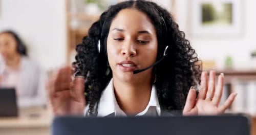 Call center, crm or friendly woman in communication or conversation at telecom customer service help