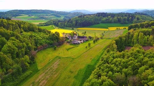 A Farm Stands on a Hill with Crop Fields White Bales of Hay and Pastures Surrounded By Forest