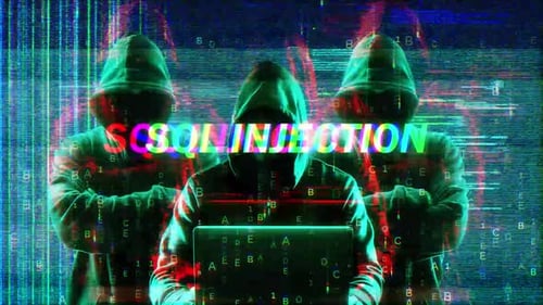 SQL-Injektion auf dem Hackbildschirm und Datenmatrix-Simulation mit futuristischem HUD-Bildschirm