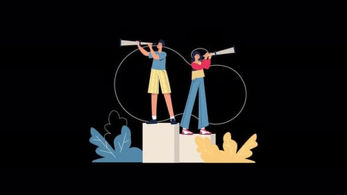 Deux enfants regardent à travers des télescopes sur des plateformes