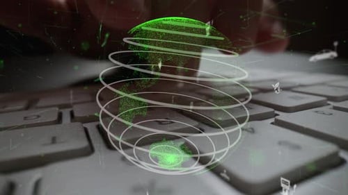 Digital technology concept featuring a glowing green globe and eco-friendly symbols over a laptop ke