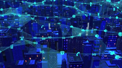 Animated 5G Network City Connection with Digital Technology Data