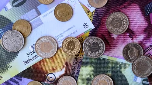 Switzerland, Swiss franc paper money and coins, financing and commodity exchange. Swiss currency