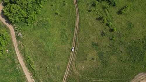 Aerial View White Vehicle Navigating Lush Green Meadow Bordering Woodland Sunlit Countryside