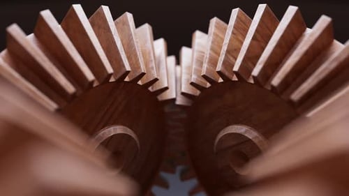 Animación en bucle de una construcción mecánica hecha de engranajes de madera.