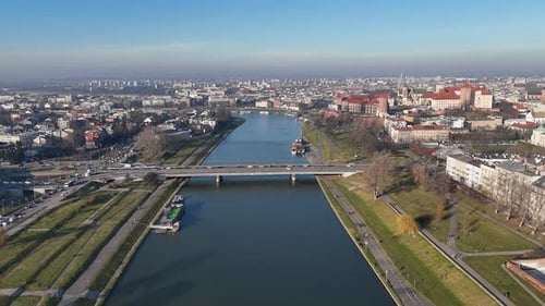 Aerial View of River and Historic Cityscape The Wisla a River Grunwald Bridge in the Center of
