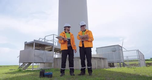 Caucasian engineers in orange safety uniform stand near wind turbine base review maintenance plan