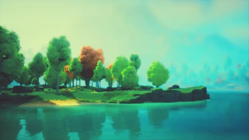 Colorful Cartoon Forest at Sunset