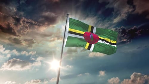 Dominica Flag Waving on a Pole in Sunny Sky