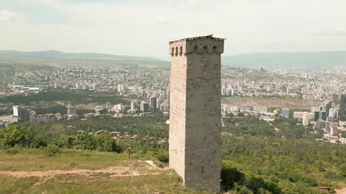 Historical Svan Architecture Tower In Tbilisi (Panning View)