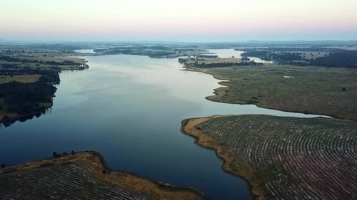 Aerial footage of the Upper Coliban reservoir at dusk, near Tylden, central Victoria, Australia. Jan