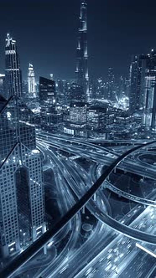 Un paysage urbain nocturne animé avec une architecture futuriste, des autoroutes illuminées et un design urbain