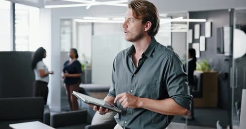 Thinking, typing or journalist in office with tablet, draft insight or source feedback for article