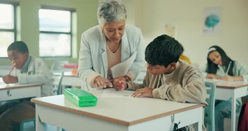 Exam, teacher and students in classroom for group, test and knowledge in elementary school