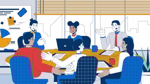 Animação de desenho animado de discussão em mesa redonda bem-sucedida