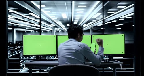 Programmer Looking At Green Screen Smartphone Then Celebrating While Working On Green Screen Desktop
