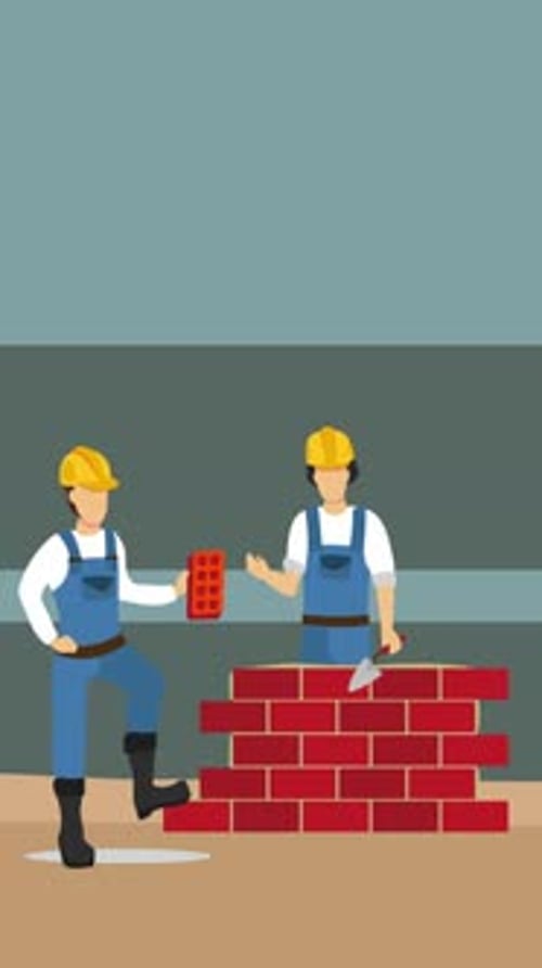 Two Flat Design Construction Workers Building Brick Wall Animation