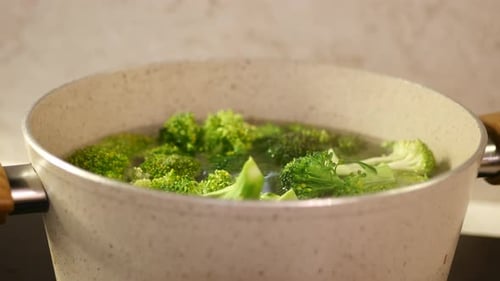 Close Up of Broccoli Boiling in Water