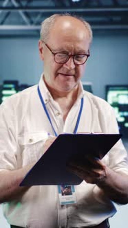 Focused Man Writing on Clipboard in Data Control Room