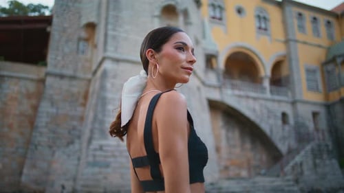 Woman Traveler Looking Medieval Castle at Summer Vacation Close Up Happy Girl