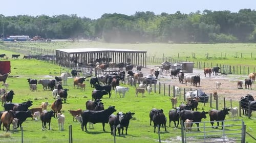 Free Range Milk Cows Grazing on Green Farm Pasture Feeding of Cattle on Farmland Grassland