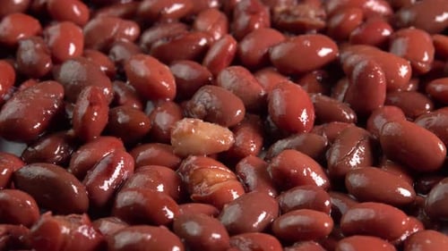 Canned red kidney beans rotating background side view. Organic steamed beans. Pickled beans
