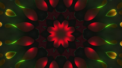 Abstract Red Green Kaleidoscope Pattern Design Digital Art Symmetrical Glowing Flower Mandala Neon