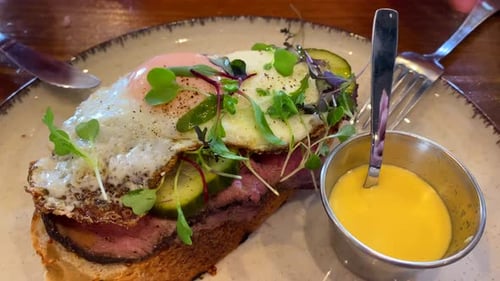 Gourmet Sandwich on Plate with Dipping Sauce