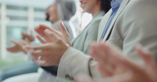 Hands, applause and business people with success in meeting, presentation