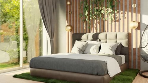 Modern bedroom with large window