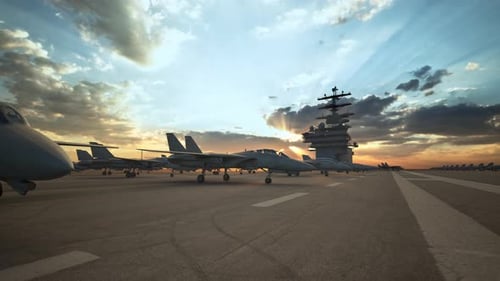 3D Animation of Fighter Jets on Aircraft Carrier Deck at Sunset