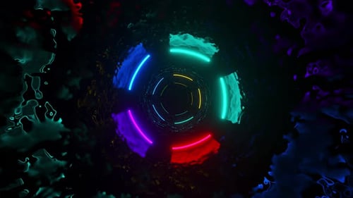 Reflective tunnel with many neon rays. Looped animation