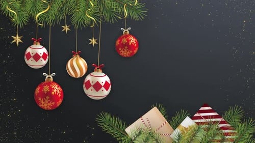 Christmas Ornaments and Pine Branches on Dark Background