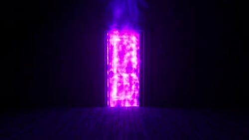 Mysterious purple energy door opening in a dark room