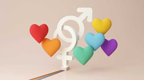 Animated 3D Gender Symbols with Floating Love Hearts and Rainbow