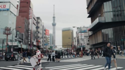 Tokyo Street Scene with Pedestrians and Tokyo Skytree