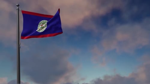 Belize National Flag Waving in Cloudy Sky Background