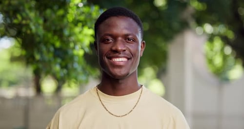 Face, black man and student outdoor on college campus with smile, environmental study and education