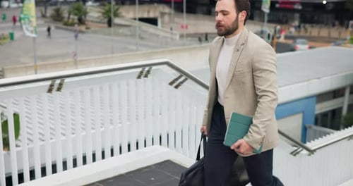 City, walking and businessman with tablet for travel, morning commute and journey to work