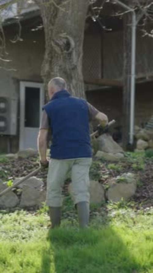 A Caucasian Man Picks Leaves with His Hands and a Rake