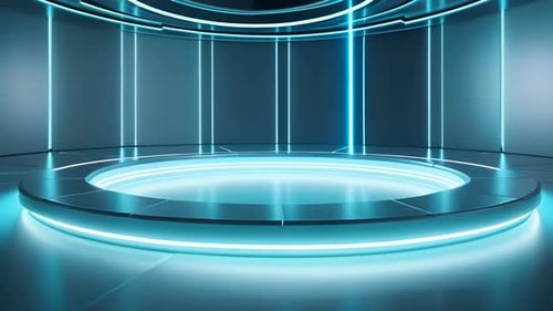 Futuristic Virtual Stage with Glowing Neon Blue Lights